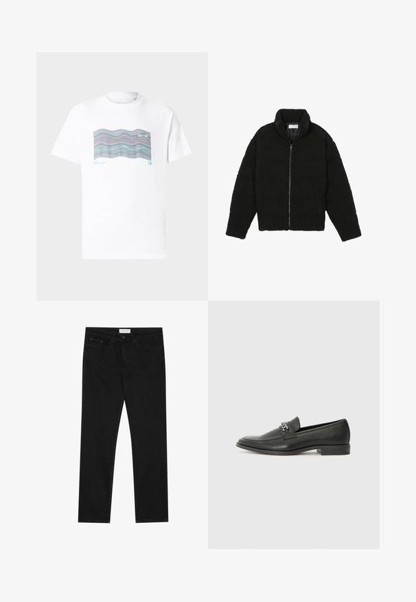 Chaqueta de pelaje sintético negro con cuello alto, cierre de cremallera, puños elásticos y un diseño acolchado. Cuenta con bolsillos laterales y una textura suave.; Camiseta de algodón blanca con un patrón de olas multicolores junto con el texto "MIAMI" y "20-97" impresos en la parte frontal. Mangas cortas, cuello redondo.; Jeans negros de pierna recta con diseño de cinco bolsillos, cierre de botón y cremallera, y etiqueta de la marca Pier One en la cinturilla.; Mocasín de cuero negro con un acabado suave, que cuenta con un diseño de costura y un acento decorativo de cadena de metal en el empeine. Tacón plano.