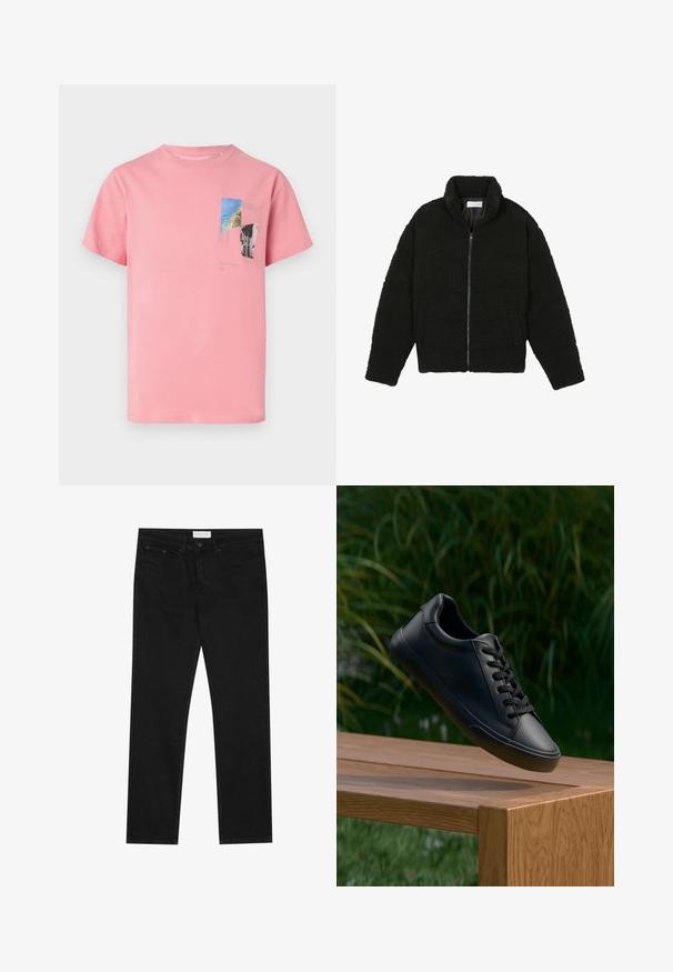 Sort faux fur jakke med høj krave, lynlås lukning, elastiske ærmer og et quiltet design. Har sidelommer og en blød tekstur.; Lyserød bomulds T-shirt med korte ærmer. Har et trykt grafik i blå, grøn og sort, herunder tekst og geometriske former på fronten.; Sorte lige ben jeans med fem-lomme design, knap- og lynlåslukning samt et Pier One mærkeetiket på taljen.; Sorte lædersneakers med en glat overflade, rund tå og flade snørebånd, placeret over en træoverflade med grøn græs i baggrunden.