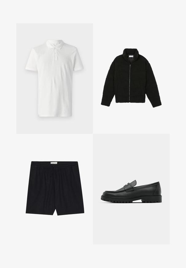 Casaco de pelo sintético preto com gola alta, fecho de zip, punhos elásticos e um design acolchoado. Apresenta bolsos laterais e uma textura suave.; Camisa pólo branca feita de algodão, com gola, três botões e mangas curtas. Apresenta um logótipo subtil no peito.; Calções pretos com elástico na cintura e cordão, apresentando uma textura suave e um corte reto, adequados para uso casual.; Sapatilhas de couro preto com bico arredondado, apresentando um design cosido, sola de plataforma baixa e um solado de borracha texturizado e com cravos.