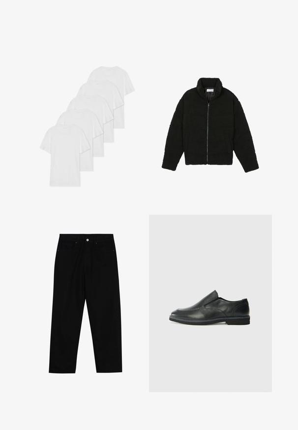Zwarte faux fur jas met een hoge kraag, ritssluiting, elastische manchetten en een doorgestikt ontwerp. Beschikt over zijzakken en een zachte textuur.; Zes witte katoenen T-shirts met korte mouwen en ronde halslijnen, netjes op een rij geplaatst. Ze hebben een gladde textuur en geen zichtbare patronen.; Zwarte denim broek met een recht gesneden pasvorm, vijf gebruikersvriendelijke zakken en een sluiting met een knoop aan de voorkant. Soepele textuur met minimale stikdetails.; Zwarte leren instapper met een soepele bovenkant, gestikte accenten, ronde neus en een lage rubberen hak. De zool heeft minimale profiel.