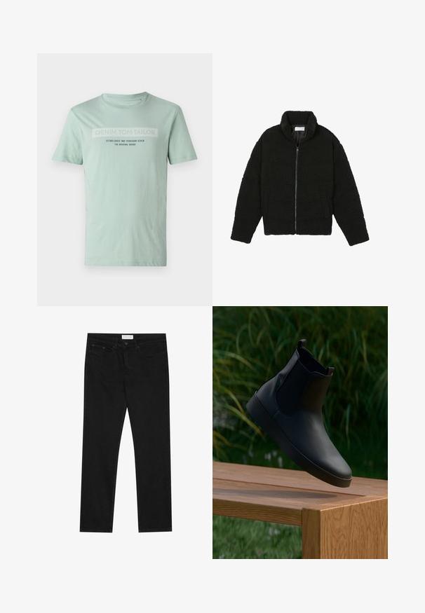 Czarna kurtka z faux futra z wysokim kołnierzem, zapięciem na zamek, elastycznymi mankietami i pikowanym wzorem. Posiada boczne kieszenie i miękką fakturę.; Miętowa bawełniana koszulka z krótkim rękawem. Posiada nadrukowane logo oraz tekst w ciemnych kontrastowych kolorach na przodzie.; Czarne jeansy straight-leg z pięcioma kieszeniami, zapięcie na guzik i zamek błyskawiczny oraz metka marki Pier One na pasku.; Czarne skórzane botki za kostkę z elastycznymi panelami bocznymi, gładka tekstura, zaokrąglony czubek i płaska podeszwa, umiejscowione na drewnianym stole na tle zieleni.