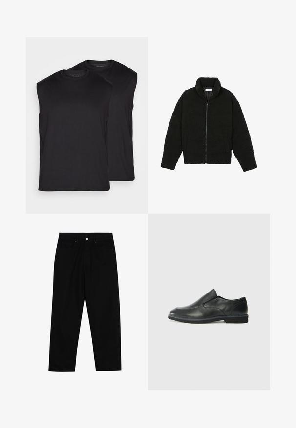 Zwarte faux fur jas met een hoge kraag, ritssluiting, elastische manchetten en een doorgestikt ontwerp. Beschikt over zijzakken en een zachte textuur.; Zwarte mouwloze t-shirts in paren getoond, gemaakt van een gladde stof. Ronde hals en schone randen zonder zichtbare patronen of hardware.; Zwarte denim broek met een recht gesneden pasvorm, vijf gebruikersvriendelijke zakken en een sluiting met een knoop aan de voorkant. Soepele textuur met minimale stikdetails.; Zwarte leren instapper met een soepele bovenkant, gestikte accenten, ronde neus en een lage rubberen hak. De zool heeft minimale profiel.