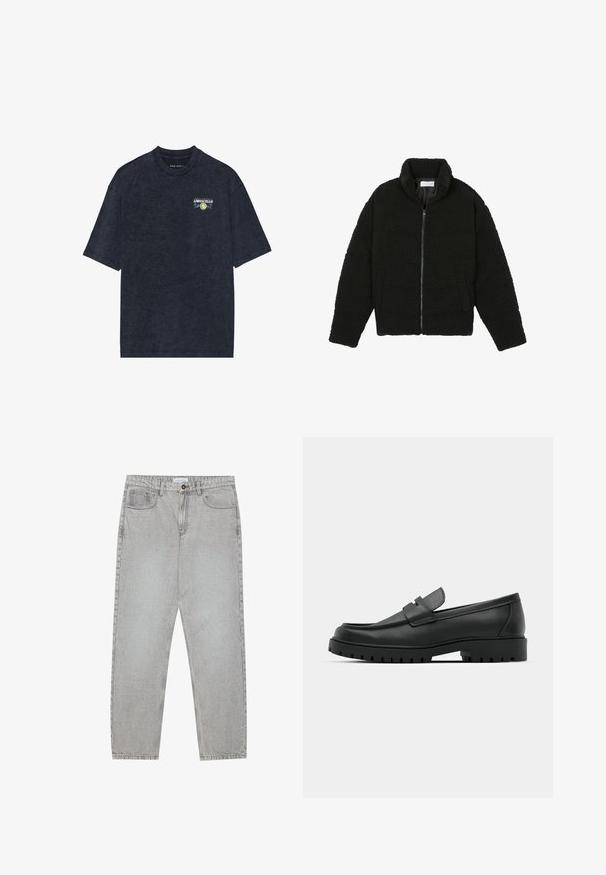 Black faux fur jacket with a high collar, zip closure, elastic cuffs, and a quilted design. Features side pockets and a soft texture.; Dark blue short-sleeve t-shirt in soft cotton, featuring a small Limoncello graphic on the chest with floral accents. Relaxed fit, crew neckline.; Light grey denim pants with a straight-leg design, five-pocket styling, and a button closure. Visible stitching along the seams.; Black leather loafers with a rounded toe, featuring a stitched design, low platform sole, and a textured, lugged rubber outsole.