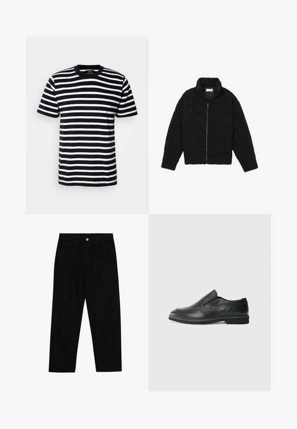 Czarna kurtka z faux futra z wysokim kołnierzem, zapięciem na zamek, elastycznymi mankietami i pikowanym wzorem. Posiada boczne kieszenie i miękką fakturę.; Czarna i biała koszulka w paski wykonana z bawełny, z krótkimi rękawami, okrągłym dekoltem i małym logo na lewej piersi.; Czarne spodnie dżinsowe w klasycznym kroju prostym, z pięcioma kieszeniami i zapięciem na guzik z przodu. Gładka tekstura z minimalnymi detalami szwy.; Czarne skórzane buty wsuwane z gładką cholewką, przeszyciami, okrągłym noskiem i niskim gumowym obcasem. Podeszwa ma minimalny bieżnik.