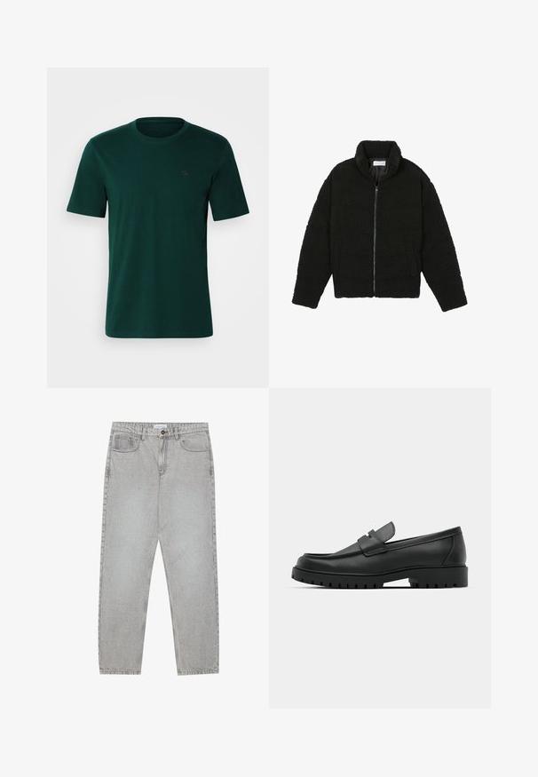 Black faux fur jacket with a high collar, zip closure, elastic cuffs, and a quilted design. Features side pockets and a soft texture.; Dark green cotton t-shirt with a round neckline, short sleeves, and a small embroidered logo on the left chest. Smooth texture.; Light grey denim pants with a straight-leg design, five-pocket styling, and a button closure. Visible stitching along the seams.; Black leather loafers with a rounded toe, featuring a stitched design, low platform sole, and a textured, lugged rubber outsole.