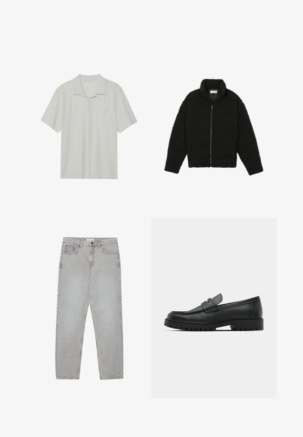 Czarna kurtka z faux futra z wysokim kołnierzem, zapięciem na zamek, elastycznymi mankietami i pikowanym wzorem. Posiada boczne kieszenie i miękką fakturę.; Koszulka polo z krótkim rękawem w jasnobeżowym kolorze, z kołnierzykiem, pojedynczą kieszenią na piersi i luźnym krojem. Gładka tekstura z minimalnym wzornictwem.; Jasnoszare dżinsy o prostym kroju nogawki, z pięcioma kieszeniami i zapięciem na guzik. Widoczne szwy wzdłuż szwów.; Czarne skórzane mokasyny z zaokrąglonym noskiem, posiadające przeszywany wzór, niską platformę oraz teksturowaną, gumową podeszwę z bieżnikiem.