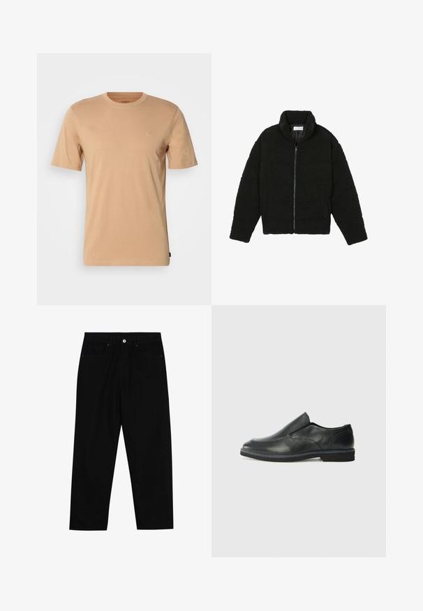 Black faux fur jacket with a high collar, zip closure, elastic cuffs, and a quilted design. Features side pockets and a soft texture.; Light brown cotton t-shirt with short sleeves, a crew neck, and a small logo on the left chest. Soft texture and standard fit.; Black denim pants featuring a straight-leg cut, five-pocket design, and a front button closure. Smooth texture with minimal stitching details.; Black leather slip-on shoe with a smooth upper, stitched accents, rounded toe, and a low rubber heel. Sole features minimal tread.