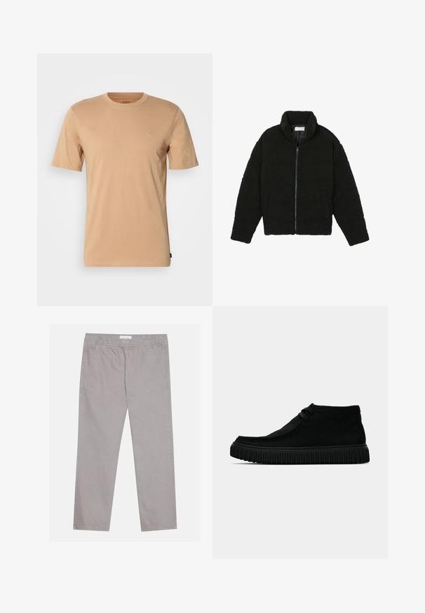 Black faux fur jacket with a high collar, zip closure, elastic cuffs, and a quilted design. Features side pockets and a soft texture.; Light brown cotton t-shirt with short sleeves, a crew neck, and a small logo on the left chest. Soft texture and standard fit.; Light gray cotton pants with an elastic waistband, two side pockets, straight leg design, and a smooth texture. Simple stitching detail.; Black ankle boots made of soft material, with a rounded toe, minimal lacing, and a textured rubber sole featuring vertical grooves.