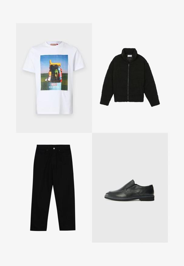 Juoda dirbtinė kailio striukė su aukštu apykakle, užtrauktuku, elastingomis rankovėmis ir siuvinėtu raštu. Su šoninėmis kišenėmis ir švelnia tekstūra.; Balta medvilninė marškinė su spalvinga grafika, vaizduojančia batus ir krepšius prieš mėlyną dangų, su tekstu "Visi reikmenys, jokios idėjos."; Juoda džinsinė kelnė su tiesiu kirpimu, penkių kišenių dizainu ir priekiniais mygtukais. Lygus paviršius su minimaliu siuvimo detalėmis.; Juodai odiniai įtvirtinimo batai su lygiu paviršiumi, siuvinėjimo akcentais, apvalia nosimi ir žemu guminiu kulnu. Pado raštas minimalus.