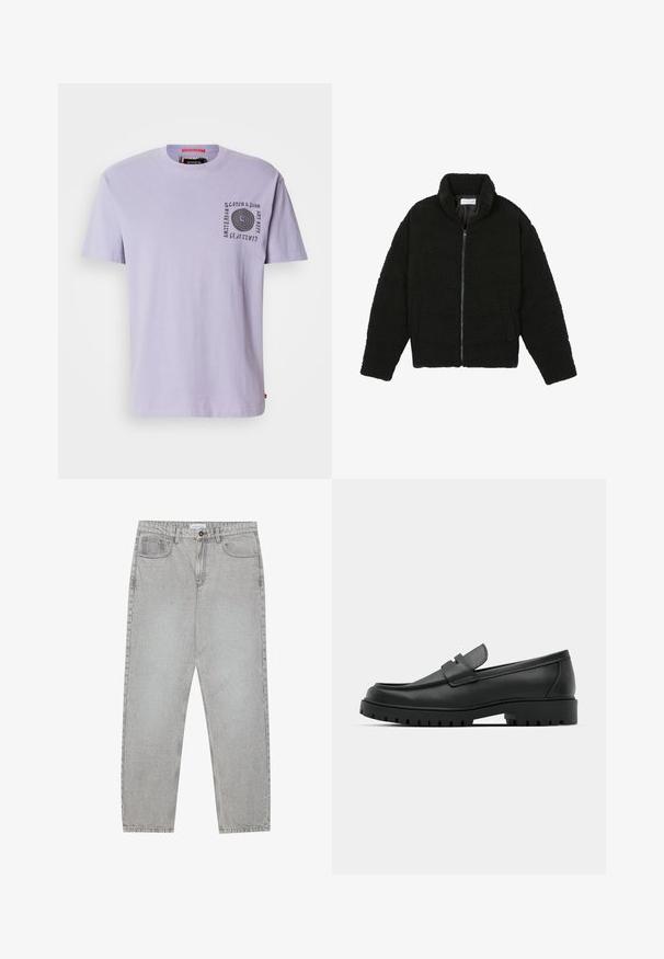 Melnā mākslīgā kažokādas jaka ar augstu apkakli, ar rāvējslēdzēju, elastīgām piedurknēm un kvadrātveida šuvēm. Iespējotas sānu kabatas un mīksta tekstūra.; Lavandas krāsas kokvilnas T-krekls ar apaļu izgriezumu, īsām piedurknēm un melnu spirāles grafiku kreisajā krūtīs. Etiķete redzama pie kakla.; Gai pelēko džinsu bikses ar taisnajām kājām, piecu kabatu stilu un pogu aizdari. Redzama šuvju apstrāde gar šuvēm.; Melnas ādas loafers ar noapaļotu purngalu, ar izšūtu dizainu, zemu platformas zoli un teksturētu, rievotu gumijas ārējo zoli.