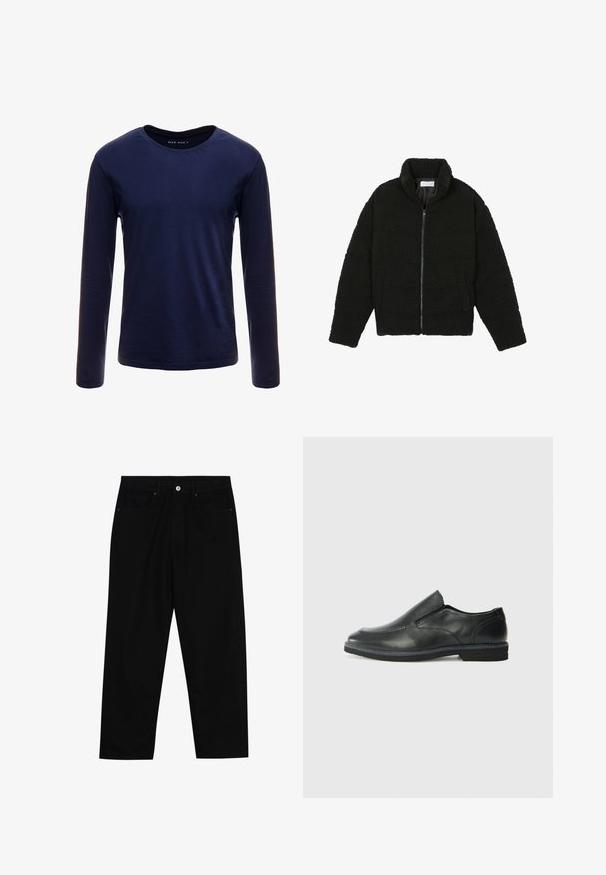 Juoda dirbtinė kailio striukė su aukštu apykakle, užtrauktuku, elastingomis rankovėmis ir siuvinėtu raštu. Su šoninėmis kišenėmis ir švelnia tekstūra.; Tamsiai mėlyna ilgomis rankovėmis marškinėliai, pagaminti iš švelnaus medvilnės, su klasikiniu apvaliu kaklu ir lygiu paviršiumi be matomų raštų ar akcentų.; Juoda džinsinė kelnė su tiesiu kirpimu, penkių kišenių dizainu ir priekiniais mygtukais. Lygus paviršius su minimaliu siuvimo detalėmis.; Juodai odiniai įtvirtinimo batai su lygiu paviršiumi, siuvinėjimo akcentais, apvalia nosimi ir žemu guminiu kulnu. Pado raštas minimalus.