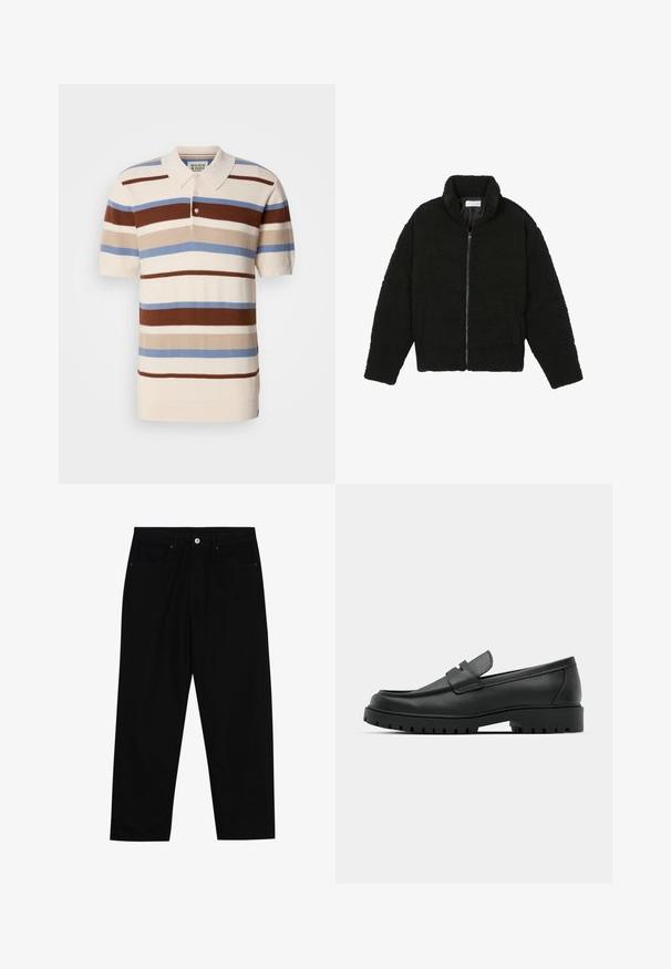 Černá umělá kožešinová bunda s vysokým límcem, zipovým uzávěrem, elastickými manžetami a prošívaným designem. Obsahuje postranní kapsy a jemnou texturu.; Polo tričko s horizontálními pruhy v hnědé, béžové a modré barvě na krémovém pozadí. Krátké rukávy a límeček. Strukturovaná tkanina.; Černé džíny s rovně střiženými nohavicemi, designem pěti kapes a předním zapínáním na knoflík. Hladký povrch s minimem švových detailů.; Černé kožené mokasíny s kulatou špičkou, zdobené prošitím, s nízkou platformou a texturovanou gumovou podrážkou s drážkováním.