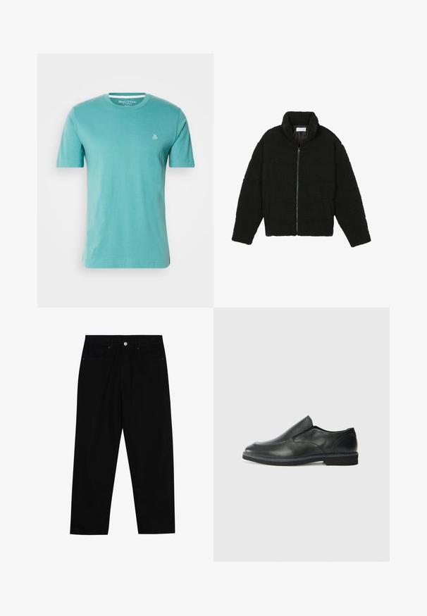 Svart faux fur-jacka med hög krage, dragkedjestängning, elastiska manschetter och ett kviltat mönster. Har sidofickor och en mjuk textur.; Turkos kortärmad T-shirt i bomull, med rund halsringning och en liten vit "M OP"-logotyp på bröstet. Slät textur.; Svarta denimbyxor med rak passform, femficksdesign och framknäppning. Slät textur med minimala sömdetaljer.; Svart lädersko i slip-on-modell med en slät ovandel, sömnadsdetaljer, rund tå och låg gummihäl. Sulan har minimal mönstring.