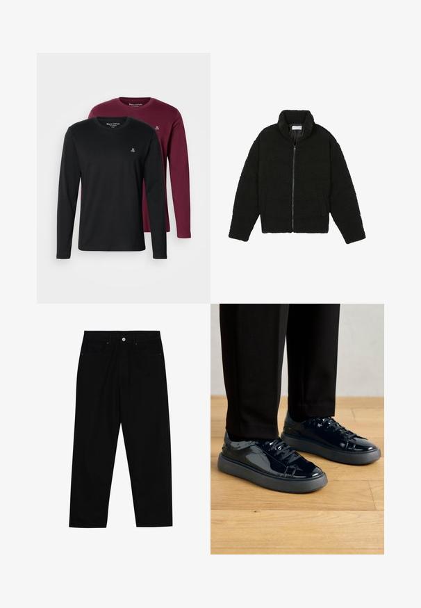 Casaco de pelo sintético preto com gola alta, fecho de zip, punhos elásticos e um design acolchoado. Apresenta bolsos laterais e uma textura suave.; Duas t-shirts de manga longa: uma preta, outra burdeos. Ambas apresentam um decote redondo, material de algodão macio e um pequeno logótipo bordado no peito.; Calças de ganga pretas com corte straight-leg, design de cinco bolsos e fecho frontal por botão. Tecido suave com detalhes de costura mínimos.; Sapatilhas pretas de couro patente com sola de borracha texturizada, bico redondo e atacadores pretos a condizer, acompanhadas de calças pretas num chão de madeira.