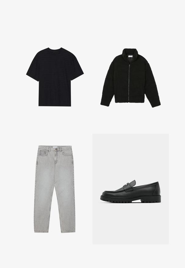 Svart fuskepelsjakke med høy krage, glidelås, elastiske mansjetter og quiltet design. Har sidelommer og en myk tekstur.; Svart t-skjorte med korte ermer som har en subtil stripete tekstur, avslappet passform og rund hals. Mykt materiale uten synlige logoer.; Lys grå denimbukser med rett ben-design, fem lommer og knappelukking. Synlig søm langs sømmene.; Sorte lærloafere med rund tå, med en syddesign, lav plattformsåle og en teksturert, ruggede gummisåle.