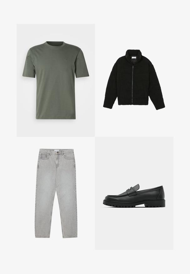 Giacca in pelliccia sintetica nera con colletto alto, chiusura con zip, polsini elasticizzati e design trapuntato. Presenta tasche laterali e una consistenza morbida.; Maglietta verde oliva a maniche corte in materiale morbido con scollo tondo e un sottile logo ricamato sul lato sinistro del petto.; Pantaloni in denim grigio chiaro con design a gamba dritta, stile a cinque tasche e chiusura con bottone. Cuciture visibili lungo le cuciture.; Mocassini in pelle nera con punta rotonda, caratterizzati da un design cucito, suola piatta bassa e un battistrada in gomma testurizzata e scolpita.