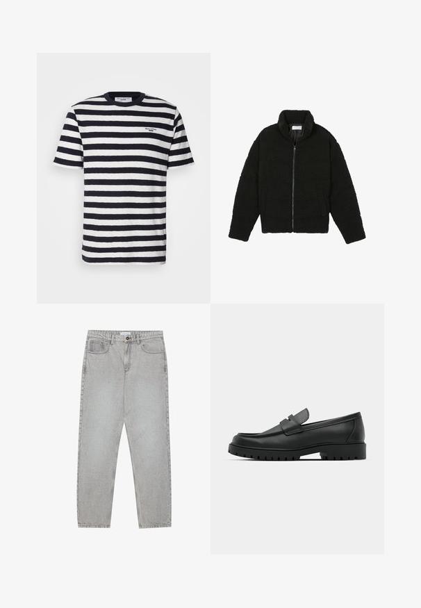 Black faux fur jacket with a high collar, zip closure, elastic cuffs, and a quilted design. Features side pockets and a soft texture.; Navy and white striped cotton t-shirt with a round neckline, short sleeves, and a small embroidered logo on the chest.; Light grey denim pants with a straight-leg design, five-pocket styling, and a button closure. Visible stitching along the seams.; Black leather loafers with a rounded toe, featuring a stitched design, low platform sole, and a textured, lugged rubber outsole.