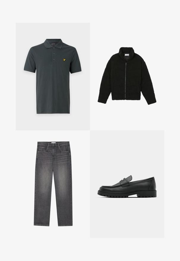 Musta tekokarvalehtijakku korkean kauluksen, vetoketjun, joustavat hihansuut ja tilkkutäkkikuvion. Sisältää sivutaskut ja pehmeän pinnan.; T-paita tummanharmaasta puuvillasta, jossa on klassinen kaulus, kolme nappia ja pieni kirjailtu keltainen logo vasemmassa rinnassa.; Tummanharmaat farkut suoralla leikkauksella, joissa on viisi taskua, edessä nappikiinnitys ja hieno haalistuminen kankaan pinnalla.; Musta nahkaloafers, joissa on pyöreä kärki, ommeltu pinta, matala alusta ja kuvioitu, kuminen ulkopohja.