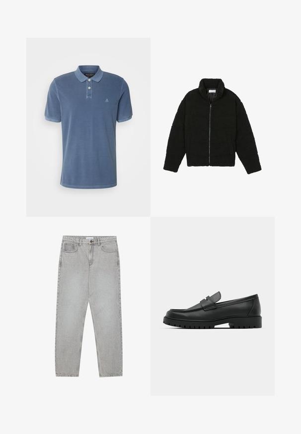Melnā mākslīgā kažokādas jaka ar augstu apkakli, ar rāvējslēdzēju, elastīgām piedurknēm un kvadrātveida šuvēm. Iespējotas sānu kabatas un mīksta tekstūra.; Marc O'Polo SHORT SLEEVE SLITS AT HEM EMBROIDERY - Polo krekls - moon stone; Gai pelēko džinsu bikses ar taisnajām kājām, piecu kabatu stilu un pogu aizdari. Redzama šuvju apstrāde gar šuvēm.; Melnas ādas loafers ar noapaļotu purngalu, ar izšūtu dizainu, zemu platformas zoli un teksturētu, rievotu gumijas ārējo zoli.