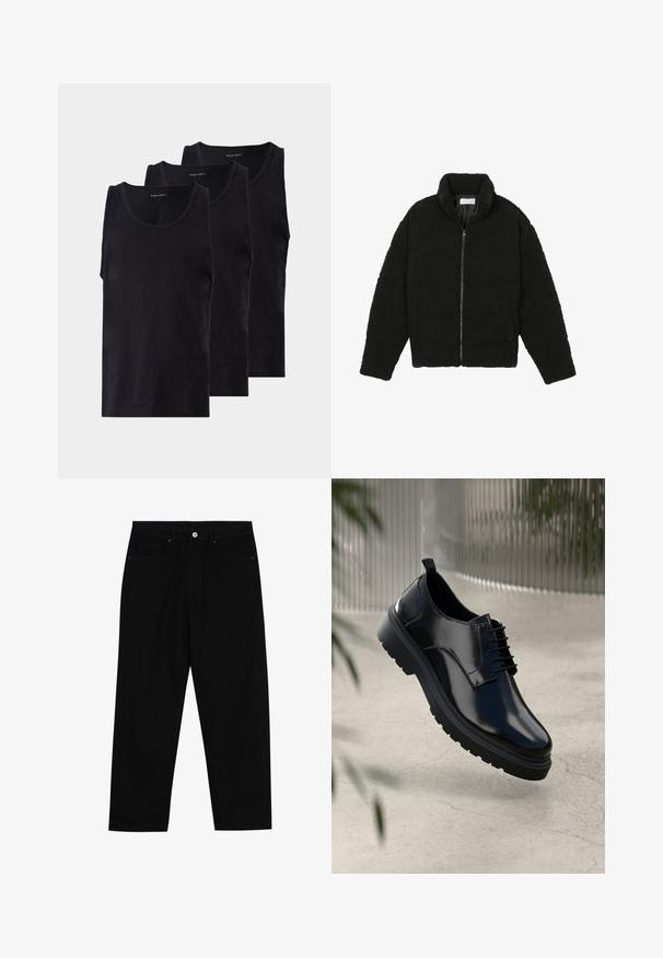 Čierna umelá kožušinová bunda s vysokým golierom, zipsom, elastickými manžetami a prešívaným dizajnom. Má bočné vrecká a jemnú textúru.; Čierne bavlnené tielka v balení po troch kusoch, s okrúhlym výstrihom a bezrukávovým dizajnom, hladkým povrchom a klasickým strihom.; Čierne denimmové nohavice s rovný strihom, dizajnom s piatimi vreckami a upínaním na prednej strane. Hladká textúra s minimálnymi detailmi šitia.; Čierna kožená topánka s lesklým povrchom, okrúhlou špičkou, šnurovacími detailmi, kontrastným prešívaním a hrubou gumovou podrážkou so vzorom na podrážke.