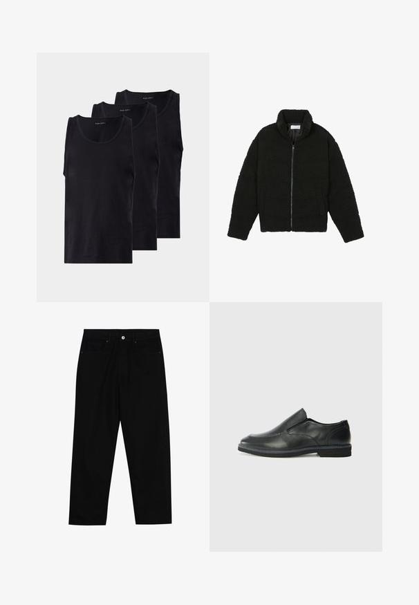 Svart faux fur-jacka med hög krage, dragkedjestängning, elastiska manschetter och ett kviltat mönster. Har sidofickor och en mjuk textur.; Svart bomullstopp i ett paket med tre, med rund halsringning och ärmlös design, slät textur och klassisk passform.; Svarta denimbyxor med rak passform, femficksdesign och framknäppning. Slät textur med minimala sömdetaljer.; Svart lädersko i slip-on-modell med en slät ovandel, sömnadsdetaljer, rund tå och låg gummihäl. Sulan har minimal mönstring.