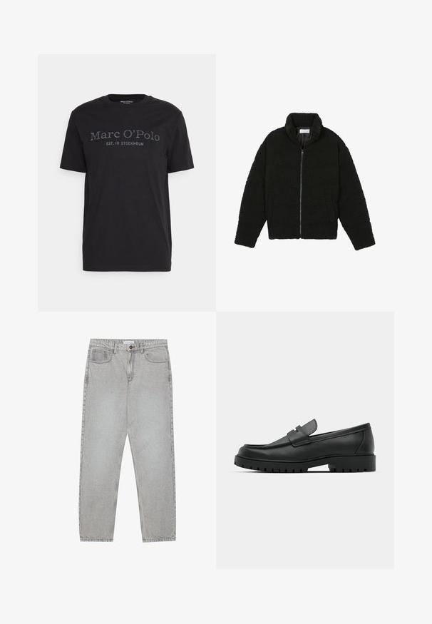 Svart fuskepelsjakke med høy krage, glidelås, elastiske mansjetter og quiltet design. Har sidelommer og en myk tekstur.; Svart bomulls t-skjorte med rund hals og korte ermer. Foran vises "Marc O'Polo" og "EST. I STOCKHOLM" i kontrasterende trykk.; Lys grå denimbukser med rett ben-design, fem lommer og knappelukking. Synlig søm langs sømmene.; Sorte lærloafere med rund tå, med en syddesign, lav plattformsåle og en teksturert, ruggede gummisåle.