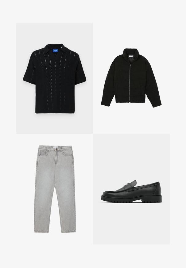 Čierna umelá kožušinová bunda s vysokým golierom, zipsom, elastickými manžetami a prešívaným dizajnom. Má bočné vrecká a jemnú textúru.; Čierna pletená polokošela s krátkymi rukávmi, s výstrihom do V, otvoreným vzorom a rebrovanými manžetami. Štítok viditeľný vo vnútri goliera.; Svetlošedé denimové nohavice s rovným strihom, piatimi vreckami a zapínaním na gombík. Viditeľné švy pozdĺž švov.; Čierne kožené mokasíny s okrúhlou špičkou, s prešitým dizajnom, nízkou platformou a textúrovanou, zúbkovanou gumovou podrážkou.
