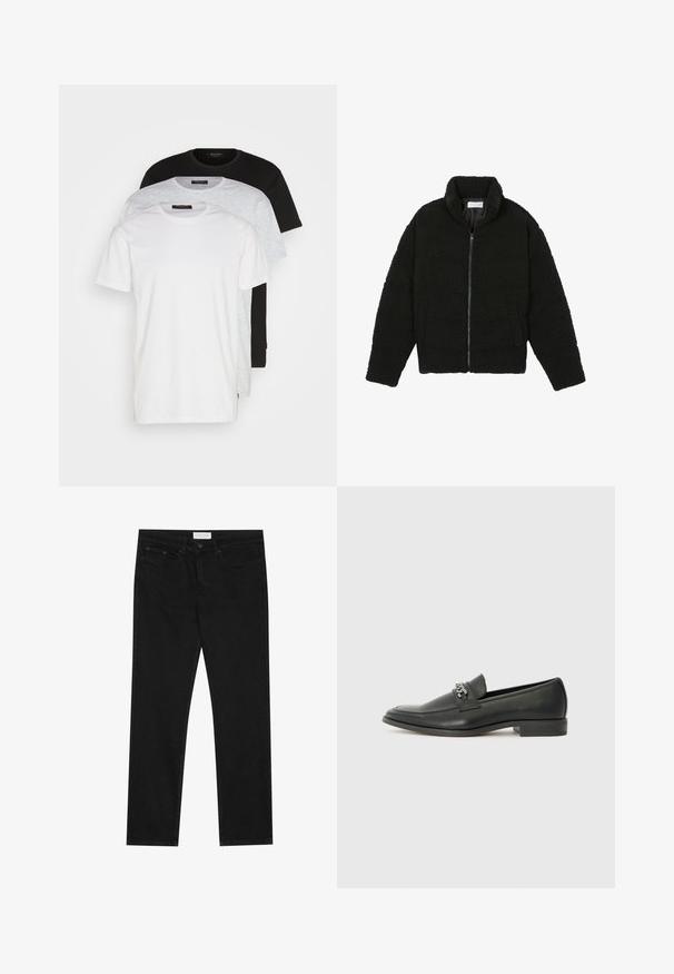 Svart fuskepelsjakke med høy krage, glidelås, elastiske mansjetter og quiltet design. Har sidelommer og en myk tekstur.; Tre crew neck t-skjorter i hvit, lys grå og svart. Laget av myk bomull, med korte ermer og en avslappet passform.; Svarte jeans med rette ben, fem lommer, knapp og glidelås-lukking, og et Pier One-merkelapp på midjen.; Sorte skinnloafers med en glatt finish, og med en sydd design og en dekorativ metallkjedeakcent over foten. Flat hæl.