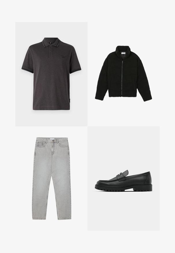 Μαύρη ψεύτικη γούνα τζάκετ με ψηλό γιακά, φερμουάρ, ελαστικούς καρπούς και σχεδίαση με κουβέρτα. Περιλαμβάνει πλαϊνές τσέπες και μαλακή υφή.; Σκούρο γκρι πόλο μπλούζα κοντομάνικη με γιακά, διαθέτει δύο κουμπιά στο λαιμό και αντίθετες ριγέ λεπτομέρειες στον γιακά και στα μανίκια.; Ανοιχτό γκρι τζιν παντελόνι με ίσια γραμμή, πέντε τσέπες και κλείσιμο με κουμπί. Ορατές ραφές κατά μήκος των ραφών.; Μαύρα δερμάτινα λουστρίνια με στρογγυλή μύτη, που διαθέτουν ραμμένο σχέδιο, χαμηλή πλατφόρμα και υφή με λαστιχένια σόλα με προεξοχές.