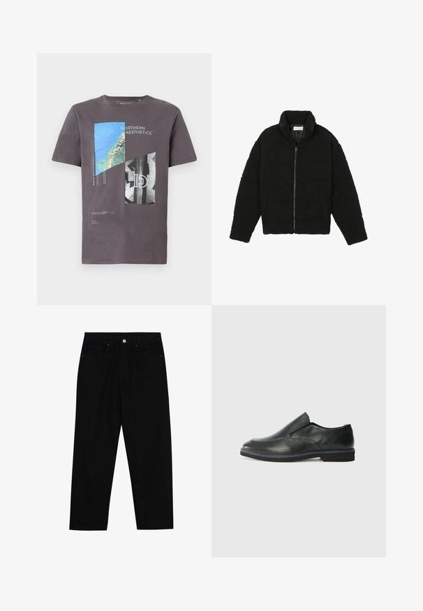 Sort faux fur jakke med høj krave, lynlås lukning, elastiske ærmer og et quiltet design. Har sidelommer og en blød tekstur.; Grå bomuld t-shirt med et grafisk print af blå og sorte geometriske former og tekst, korte ærmer og rund halsudskæring.; Sorte denimbukser med lige ben, fem lomme-design og knaplukning foran. Glat tekstur med minimale syninger.; Sorte læder slip-on sko med en glat overdel, syede detaljer, rund tå og en lav gummihæl. Sålen har minimal profil.