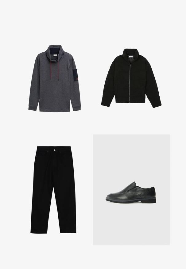 Zwarte faux fur jas met een hoge kraag, ritssluiting, elastische manchetten en een doorgestikt ontwerp. Beschikt over zijzakken en een zachte textuur.; Grijze lange mouw pullover met een hoge hals, trekkoorden en een marineblauwe patch op de linker mouw met rode tekst. Gemaakt van een zachte, gestructureerde stof.; Zwarte denim broek met een recht gesneden pasvorm, vijf gebruikersvriendelijke zakken en een sluiting met een knoop aan de voorkant. Soepele textuur met minimale stikdetails.; Zwarte leren instapper met een soepele bovenkant, gestikte accenten, ronde neus en een lage rubberen hak. De zool heeft minimale profiel.