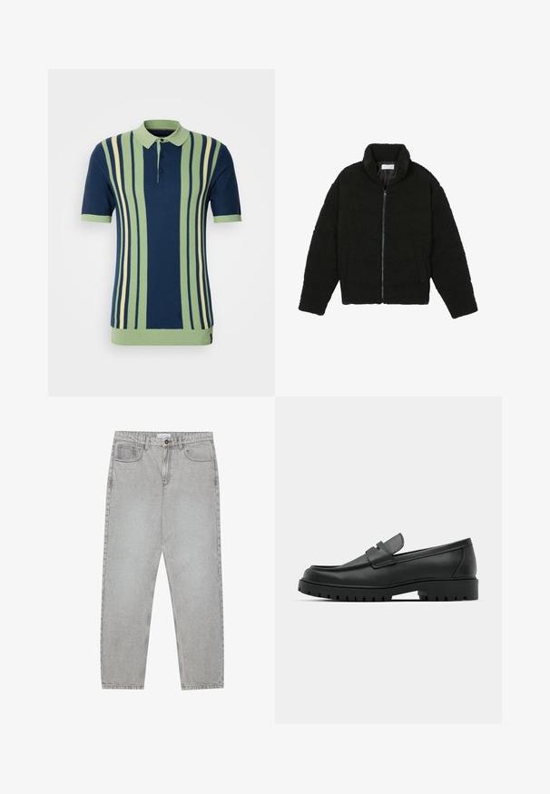 Zwarte faux fur jas met een hoge kraag, ritssluiting, elastische manchetten en een doorgestikt ontwerp. Beschikt over zijzakken en een zachte textuur.; Korte mouwen polo shirt met horizontale strepen in marineblauw, lichtgroen en roomwit. Ribgebreide kraag en manchetten; drievoudige knoopsluiting.; Lichtgrijze denimbroek met een recht model, vijfzakkenstijl en een knoopsluiting. Zichtbare stiksels langs de naden.; Zwarte leren instappers met een ronde neus, voorzien van een gestikt ontwerp, een lage platformzool en een gestructureerde, grof rubberen buitenzool.