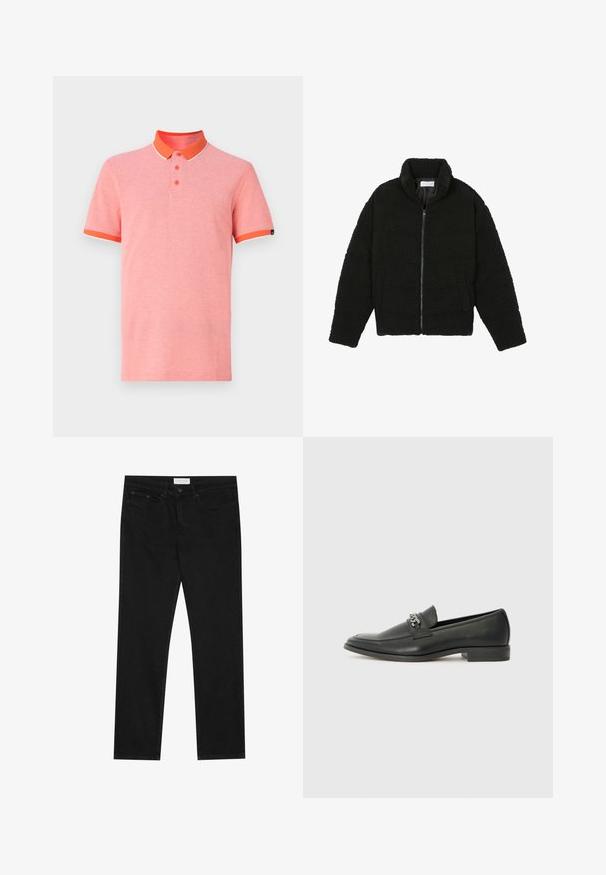 Svart fuskepelsjakke med høy krage, glidelås, elastiske mansjetter og quiltet design. Har sidelommer og en myk tekstur.; Kortermet polo skjorte i lys rosa med oransje krage og mansjetter, med en tre-knaps placket og kontrasterende hvite detaljer.; Svarte jeans med rette ben, fem lommer, knapp og glidelås-lukking, og et Pier One-merkelapp på midjen.; Sorte skinnloafers med en glatt finish, og med en sydd design og en dekorativ metallkjedeakcent over foten. Flat hæl.