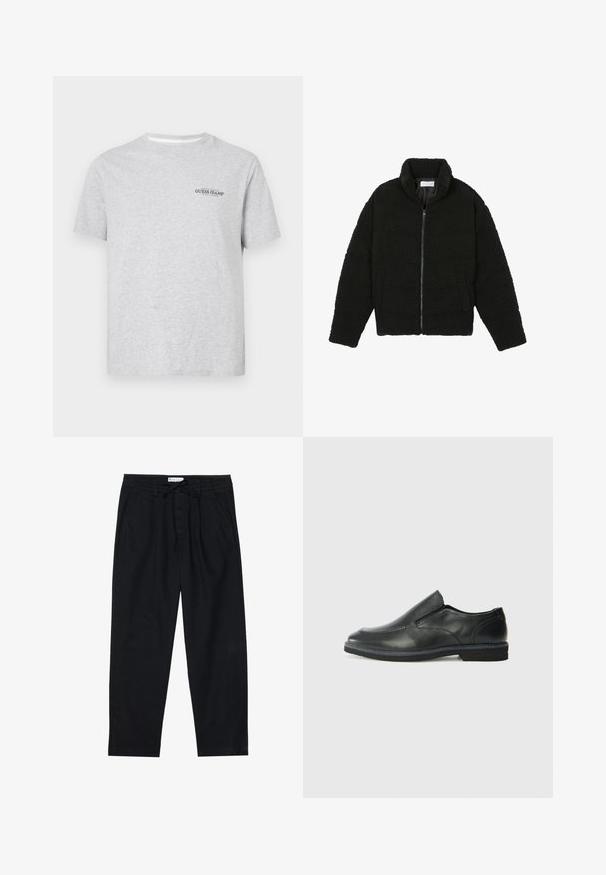 Fekete műszőrme dzseki magas gallérral, cipzáros záródással, rugalmas mandzsettákkal és steppelt mintázattal. Oldalsó zsebekkel rendelkezik, és puha tapintású.; Szürke pamut rövid ujjú póló. A bal mellrészén fekete nyomtatott "GUESS JEANS" logóval. Klasszikus kerek nyakkivágás.; Pier One Vászonnadrágok - black; Fekete bőr, slip-on cipő sima felsőrésszel, varrott díszítéssel, lekerekített orral és alacsony gumitalppal. A talpa minimális bordázattal rendelkezik.