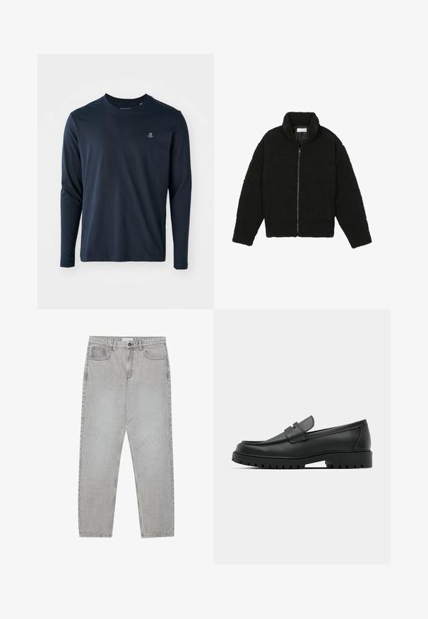 Svart fuskepelsjakke med høy krage, glidelås, elastiske mansjetter og quiltet design. Har sidelommer og en myk tekstur.; Langermet marinblå T-skjorte laget av myk bomull, med rund hals og en liten hvit logo på venstre bryst.; Lys grå denimbukser med rett ben-design, fem lommer og knappelukking. Synlig søm langs sømmene.; Sorte lærloafere med rund tå, med en syddesign, lav plattformsåle og en teksturert, ruggede gummisåle.