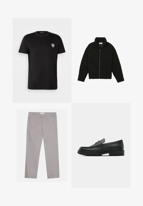 Zwarte faux fur jas met een hoge kraag, ritssluiting, elastische manchetten en een doorgestikt ontwerp. Beschikt over zijzakken en een zachte textuur.; Zwarte t-shirt met korte mouwen, voorzien van een klein geborduurd logo van een witte tijgerkop op de linkerborst en een ronde hals.; Lichtgrijze katoenen broek met een elastische tailleband, twee zijzakken, een recht poten ontwerp en een zachte textuur. Eenvoudige stiksel.details.; Zwarte leren instappers met een ronde neus, voorzien van een gestikt ontwerp, een lage platformzool en een gestructureerde, grof rubberen buitenzool.