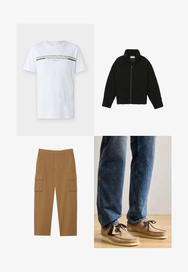 Melnā mākslīgā kažokādas jaka ar augstu apkakli, ar rāvējslēdzēju, elastīgām piedurknēm un kvadrātveida šuvēm. Iespējotas sānu kabatas un mīksta tekstūra.; Balta kokvilnas t-kreklā ar īsām piedurknēm, uz kura krūtīm ir drukāts olīvu zaļas krāsas grafiskais teksts "IKDIEN DIVI TŪKSTOŠI SEPTIņi".; Ceri brūni cargo bikses ar divām sānu kabatām, plakanu priekšpusi un taisnu kāju griezumu. Izgatavotas no izturīgas auduma ar gludu tekstūru.; Kasta mocasīni gaiši brūnā krāsā ar tumši brūnu akcentu, apaļā purngala forma un pūkains balts zole. Iezīmējas ar aukliņu slēgšanu un izšūtu apdari.