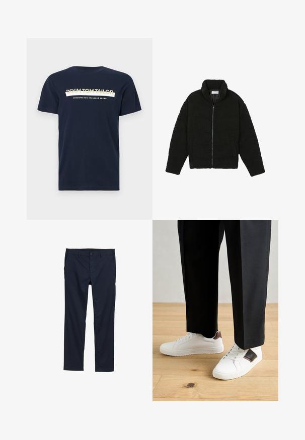 Must must karusnahast jakk kõrge kraega, lukuga sulgemine, elastsed varrukad ja tikandmuster. Omab küljetaskuid ja pehmet tekstuuri.; Tumedat sinine puuvillane T-särk lühikeste varrukatega ja ümarat kaelusest. Omab valget ja kuldset teksti: "DENIM TOM TAILOR" ja "asutatud kaks tuhat seitse".; Tumed sinine kerged püksid, millel on sile tekstuur, sirge sääre disain, nööbiga sulgemine ja küljetaskud.; Valged sneakersid siledat tekstuurist, millel on pruunad nahast detailid ja mustad aksessuaarid, millele on sobitatud mustad kohandatud püksid. Puitpõranda taust.