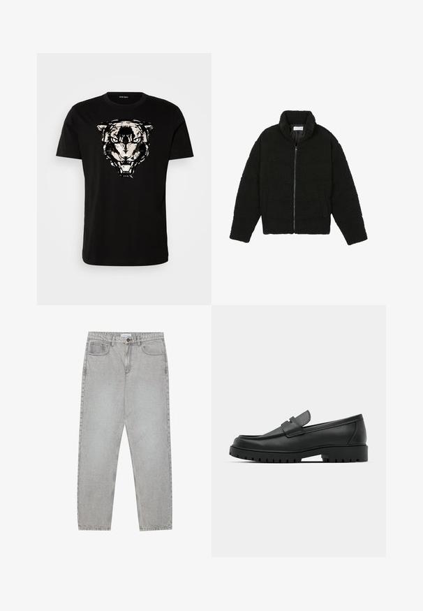 Chaqueta de pelaje sintético negro con cuello alto, cierre de cremallera, puños elásticos y un diseño acolchado. Cuenta con bolsillos laterales y una textura suave.; Camiseta de algodón negra con un gráfico de la cara de un tigre en blanco y gris. Cuello redondo, mangas cortas y dobladillo recto.; Pantalones de mezclilla gris claro con un diseño de pierna recta, estilo de cinco bolsillos y cierre de botón. Costuras visibles a lo largo de las costuras.; Mocasines de cuero negro con punta redonda, que cuentan con un diseño cosido, suela de plataforma baja y una suela de goma texturada y con tacos.