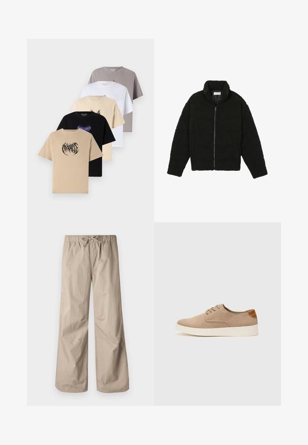 Svart fuskepelsjakke med høy krage, glidelås, elastiske mansjetter og quiltet design. Har sidelommer og en myk tekstur.; Fem t-skjorter i krem, svart, hvit, lys grå og beige. Hver av dem har et unikt grafisk design, med varierte teksturer og passformer.; Beige vide bukser med elastisk talje og snøre. Glat tekstur, to sidelommer og minimale syninger for en afslappet pasform.; Beige semskinnsko med rund tå, snøring foran og en teksturert bakre aksent. Hvit gummisåle gir kontrast. Enkelt og moderne design.