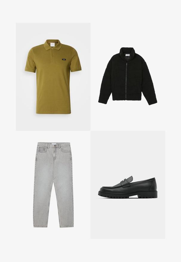 Schwarze Kunstpelzjacke mit hohem Kragen, Reißverschluss, elastischen Bündchen und gestepptem Design. Verfügt über seitliche Taschen und eine weiche Textur.; Olivgrünes Poloshirt aus weicher Baumwolle. Mit klassischem Kragen, zwei Knöpfen und einem kleinen Markenlogo auf der linken Brust. Kurze Ärmel.; Helle graue Jeanshose mit gerade geschnittenem Design, Fünf-Taschen-Stil und Knopfverschluss. Sichtbare Nähte entlang der Seitennähte.; Schwarze Lederloafer mit runder Zehenform, ausgestattet mit einem gesteppten Design, niedrigem Plattformsohle und einer strukturierten, genoppten Gummisohle.