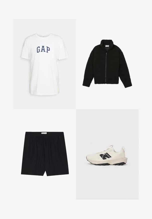Juoda dirbtinė kailio striukė su aukštu apykakle, užtrauktuku, elastingomis rankovėmis ir siuvinėtu raštu. Su šoninėmis kišenėmis ir švelnia tekstūra.; GAP NEW ARCH - Marškinėliai su spaudiniu - optic white; Juodi šortai su elastingu juosmeniu ir raiščiu, pasižymintys glotnia tekstūra ir tiesiu kirpimu, tinkami kasdieniam dėvėjimui.; Šviesiai bežiniai sportiniai bateliai su tinkleliu viršuje, juodu logotipu ir tekstūruotu padaisu. Pabrėžti geometriniu raštu ant tarpdalio.