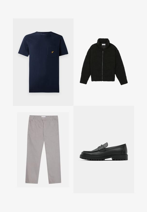 Sort faux fur jakke med høj krave, lynlås lukning, elastiske ærmer og et quiltet design. Har sidelommer og en blød tekstur.; Marineblå bomulds T-shirt med korte ærmer, rund halsudskæring og en brystlomme med et lille gult fuglelogo.; Lys grå bomuldsbukser med elastisk talje, to sidelommer, lige ben design og en glat tekstur. Enkel syning detalje.; Sorte læder loafers med rund tå, der har et syet design, lav platformssål og en struktureret, skridsikker gummisål.