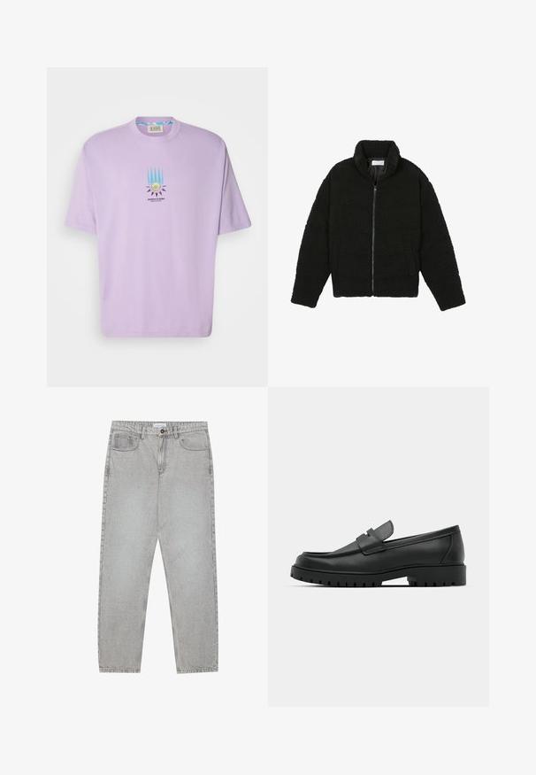 Čierna umelá kožušinová bunda s vysokým golierom, zipsom, elastickými manžetami a prešívaným dizajnom. Má bočné vrecká a jemnú textúru.; Levanduľové bavlnené tričko s krátkymi rukávmi, s centrálnou grafikou lúčov a kruhovým emblémom. Okrúhly výstrih, voľný strih.; Svetlošedé denimové nohavice s rovným strihom, piatimi vreckami a zapínaním na gombík. Viditeľné švy pozdĺž švov.; Čierne kožené mokasíny s okrúhlou špičkou, s prešitým dizajnom, nízkou platformou a textúrovanou, zúbkovanou gumovou podrážkou.