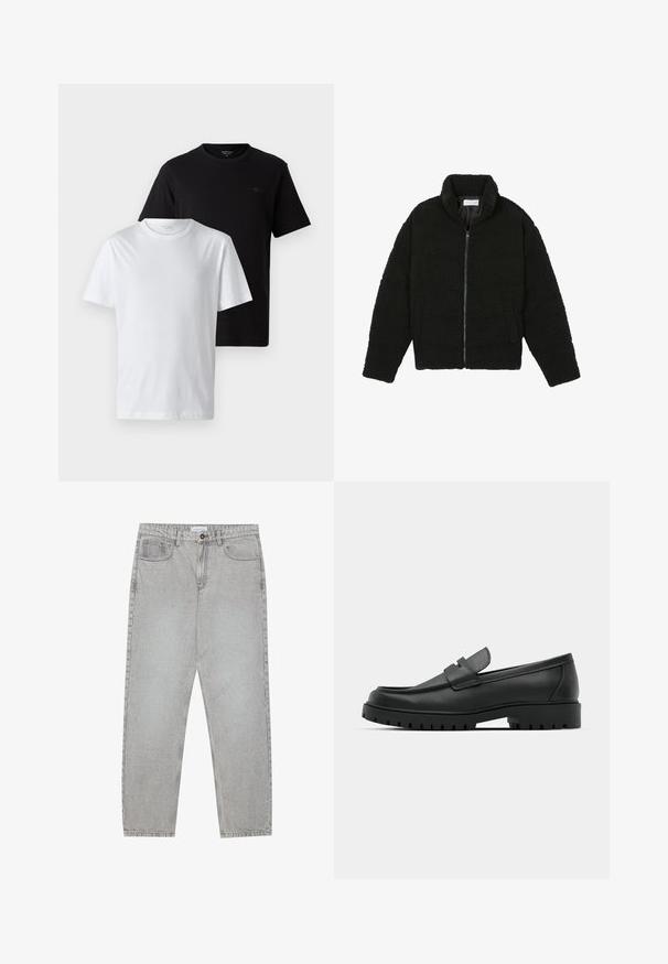 Black faux fur jacket with a high collar, zip closure, elastic cuffs, and a quilted design. Features side pockets and a soft texture.; Two t-shirts displayed, one black and one white. Both feature a crew neck design and a small logo on the chest, made of cotton material.; Light grey denim pants with a straight-leg design, five-pocket styling, and a button closure. Visible stitching along the seams.; Black leather loafers with a rounded toe, featuring a stitched design, low platform sole, and a textured, lugged rubber outsole.