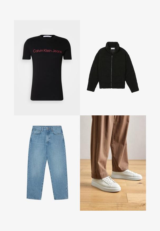 Must must karusnahast jakk kõrge kraega, lukuga sulgemine, elastsed varrukad ja tikandmuster. Omab küljetaskuid ja pehmet tekstuuri.; Must have lühikeste varrukatega must T-särk, mis on valmistatud puuvillast, ümar kaelus. Rinna kohal punane "Calvin Klein Jeans" logo, lihtne disain, ilma lisamustrideta.; Heledad tumesinised lai jalgadega teksad kõrge vöökohtaga, millel on viis taskut, vöökohad ja pehme, kergelt pleekinud tekstuur.; Isik, kes kannab valgeid tekstuurne madalaid sneakers'eid ja lõdvaid pruune pükse, seisab heleda puidust põranda peal.