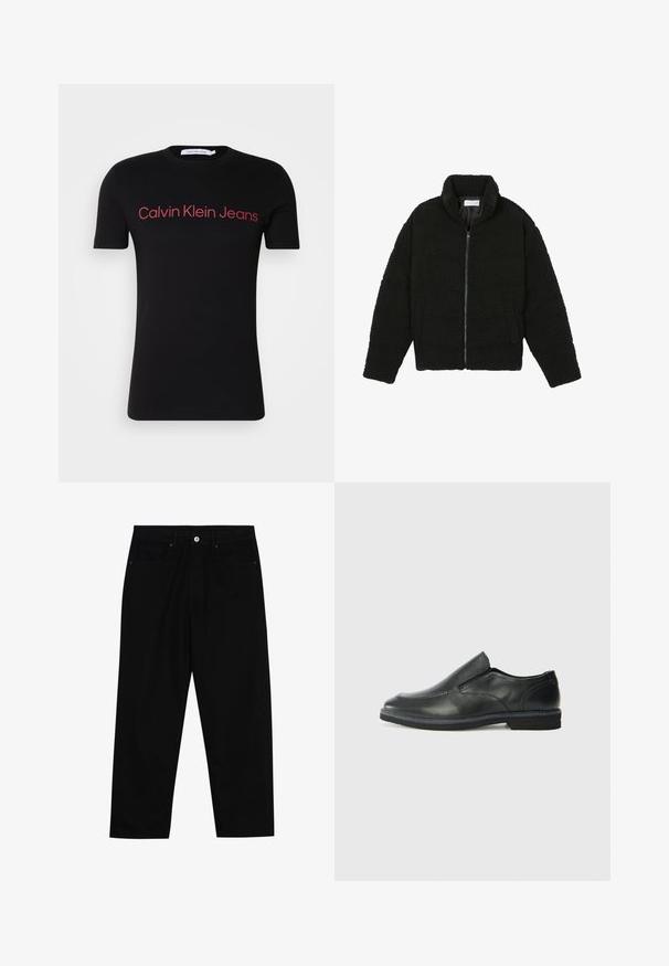 Svart fuskepelsjakke med høy krage, glidelås, elastiske mansjetter og quiltet design. Har sidelommer og en myk tekstur.; Svart kortermet T-skjorte laget av bomull med rund hals. Rødt "Calvin Klein Jeans"-logo over brystet, enkelt design, ingen tilleggsmønstre.; Sorte denimbukser med rett benklipp, fem-lomme design og frontknappåpning. Jevn tekstur med minimale sømdetaljer.; Sorte skinn slip-on sko med en jevn overflate, stikking detaljer, rund tå og en lav gummihæl. Sålen har minimal mønstring.