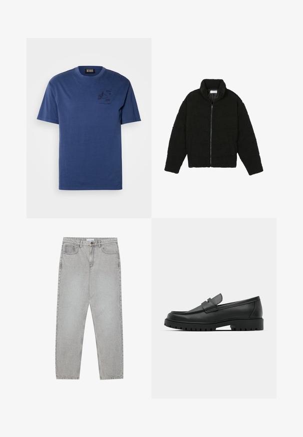Svart fuskepelsjakke med høy krage, glidelås, elastiske mansjetter og quiltet design. Har sidelommer og en myk tekstur.; Mørkeblå bomulls t-skjorte med en avslappet passform, med et grafisk trykk på venstre brystområde og korte ermer. Enkel rund hals.; Lys grå denimbukser med rett ben-design, fem lommer og knappelukking. Synlig søm langs sømmene.; Sorte lærloafere med rund tå, med en syddesign, lav plattformsåle og en teksturert, ruggede gummisåle.