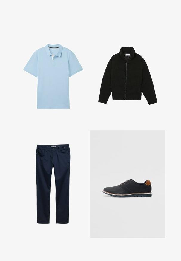 Juoda dirbtinė kailio striukė su aukštu apykakle, užtrauktuku, elastingomis rankovėmis ir siuvinėtu raštu. Su šoninėmis kišenėmis ir švelnia tekstūra.; Šviesiai mėlynas polo marškinėlis, pagamintas iš lygaus audinio. Turi klasikinį apykaklę, trumpas rankoves ir mažą logotipą kairėje krūtinės pusėje.; Tamsiai mėlynos kelnės, pagamintos iš lygaus medvilnės audinio, su įprastu kirpimu, penkiomis kišenėmis ir užtrauktuku su mygtuko uždarymu.; Juodi sintetiniai batai su tekstūruotu paviršiumi, lygiomis detalėmis, ruda kulna ir kontrastingu padu. Yra minimalus raištelių užsidėjimas ir siuvimo detalės.