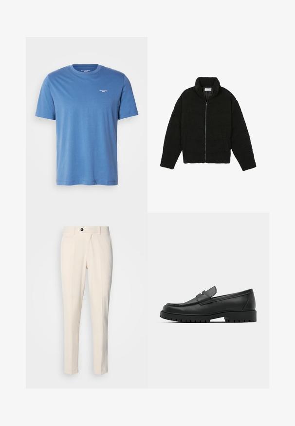 Črna jakna iz umetnega krzna z visokim ovratnikom, z zadrgo, elastičnimi manšetami in kviltanim dizajnom. Ima stranske žepke in mehak tekstur.; Svetlo modra kratka majica s kratkimi rokavi, izdelana iz mehkega materiala, z okroglim izrezom in majhnim belim logotipom na zgornjem levem delu prsi.; Beige hlače z ravnim sprednjim delom, zapiranjem na en gumb in dvema poševnima stranskima žepoma. Gladek material s ozkim krojem in zoženim nogavico.; Črne usnjene loafers čevlje z zaobljenim nosom, ki imajo šivano zasnovo, nizko platformo in teksturiran, profiliran gumijast podplat.